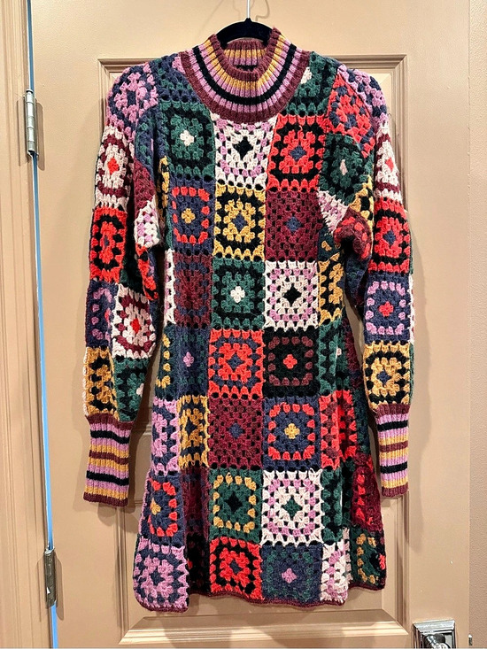 FARM Rio Sweaters - Farm Rio Granny Square Crochet Sweater Dress Multicolor XS